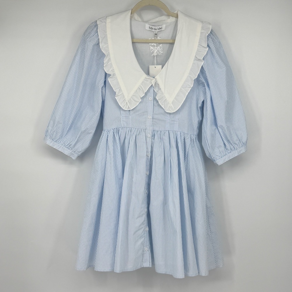 Sofie the label Blue White Striped Ruffle Collar Cotton Mini Dress S Lolita